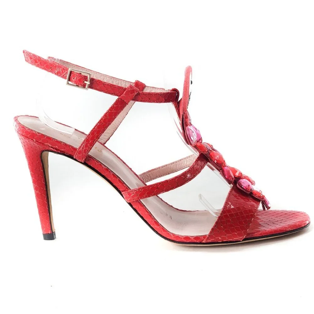 KATE SPADE Idalou Parrot Embellished Sandal Snake Embossed Leather‎